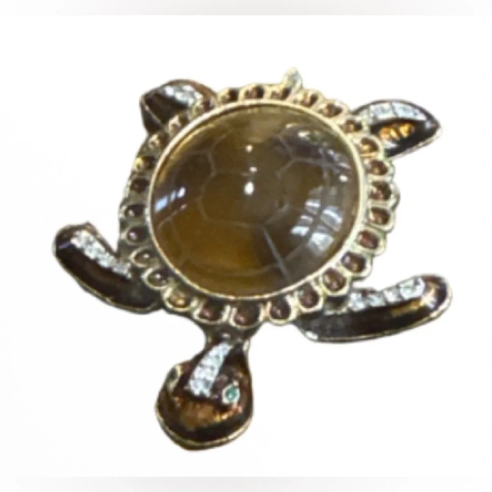 vintage gold-tone turtle brooch cabochon shell & amber rhinestone accents